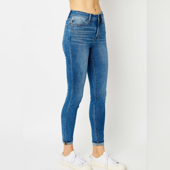 Skinny Stretch Slim Mid-Rise Denim Pants Cuffed Hem Judy Blue Jeans PLUS SIZE - Picture 6 of 14